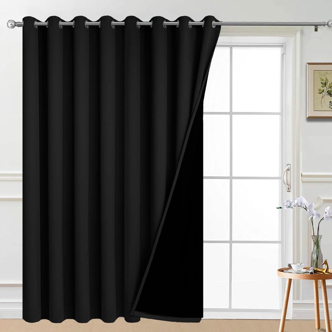 Yakamok 100% Blackout Sliding Door Curtains, Thermal Insulated Grommet Full Light Shading Sliding Door Drape Room Divider Curtain for Living Room/Space, Black, W100 x L84, 1 Panel