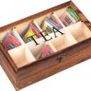 Rustic Torched Wooden Tea Bag Organizer Multiple Compartments Acrylic Clear Lid Dark Brown Burnt Wood Teabag Storage Divider Chest Holder TEA Lettering Vintage Style Latch Desktop Countertop