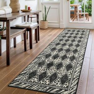2x10 Runner Rug, Checkered Leopard Print Hallway Runners Long Entryway Rug, Soft Low Pile Non-Slip Kitchen Runners for Bedroom Laundry Room (Beige/Black, 2'x10')