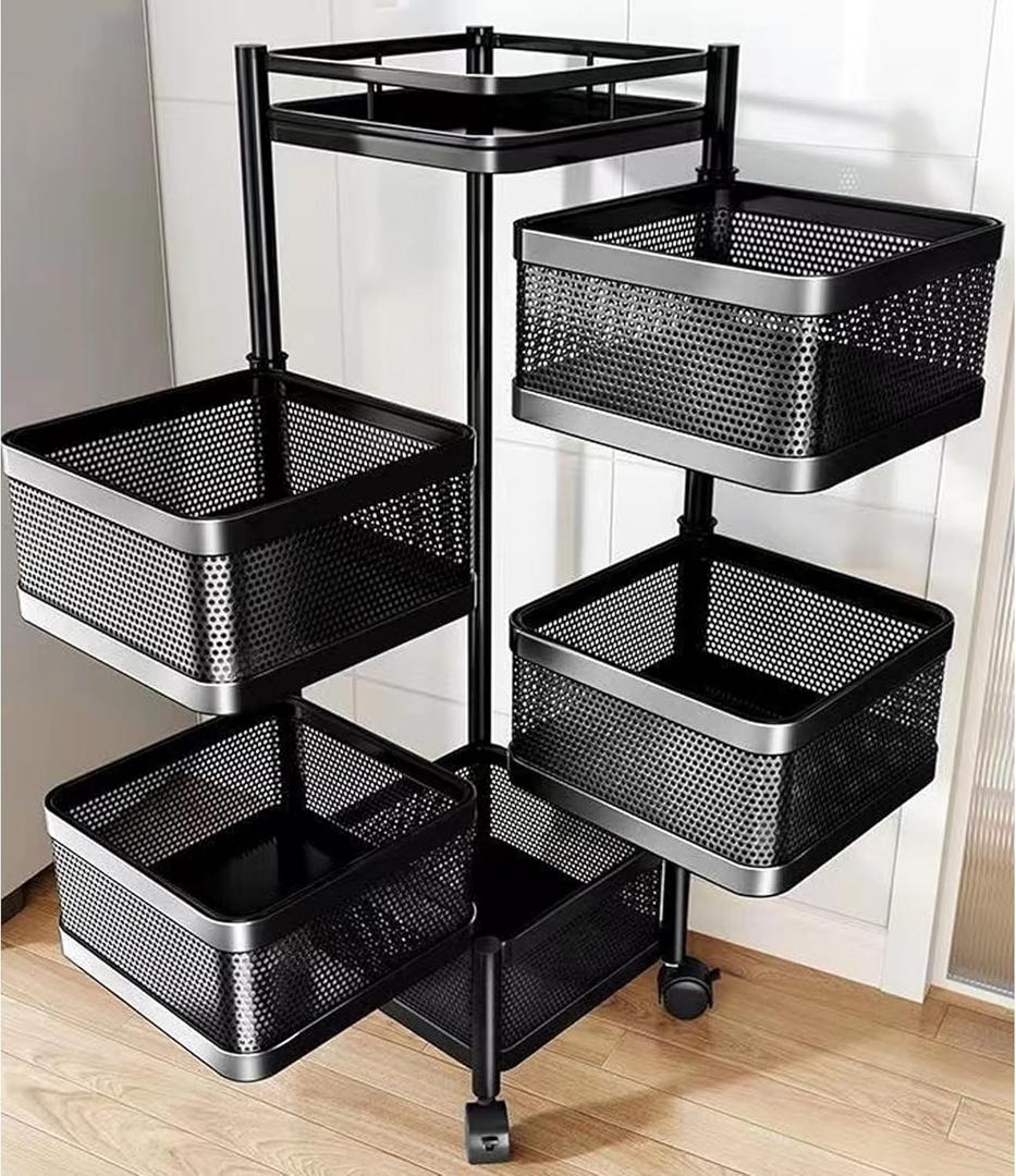 Boncun Rotating Storage Shelves Rack for Kitchen vegetable Storage Organizer Fruit Basket floor stand Shelf fruit tower Potato Onion (Black Rotating Square 5 Tier)