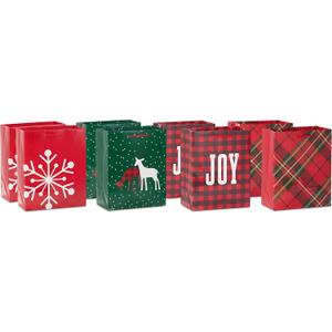 2 x Hallmark Image Arts 8" Medium Christmas Gift Bags (8 Red and Green Bags: Plaid, Snowflake, Joy, Deer) for Teachers, Coworkers, Family