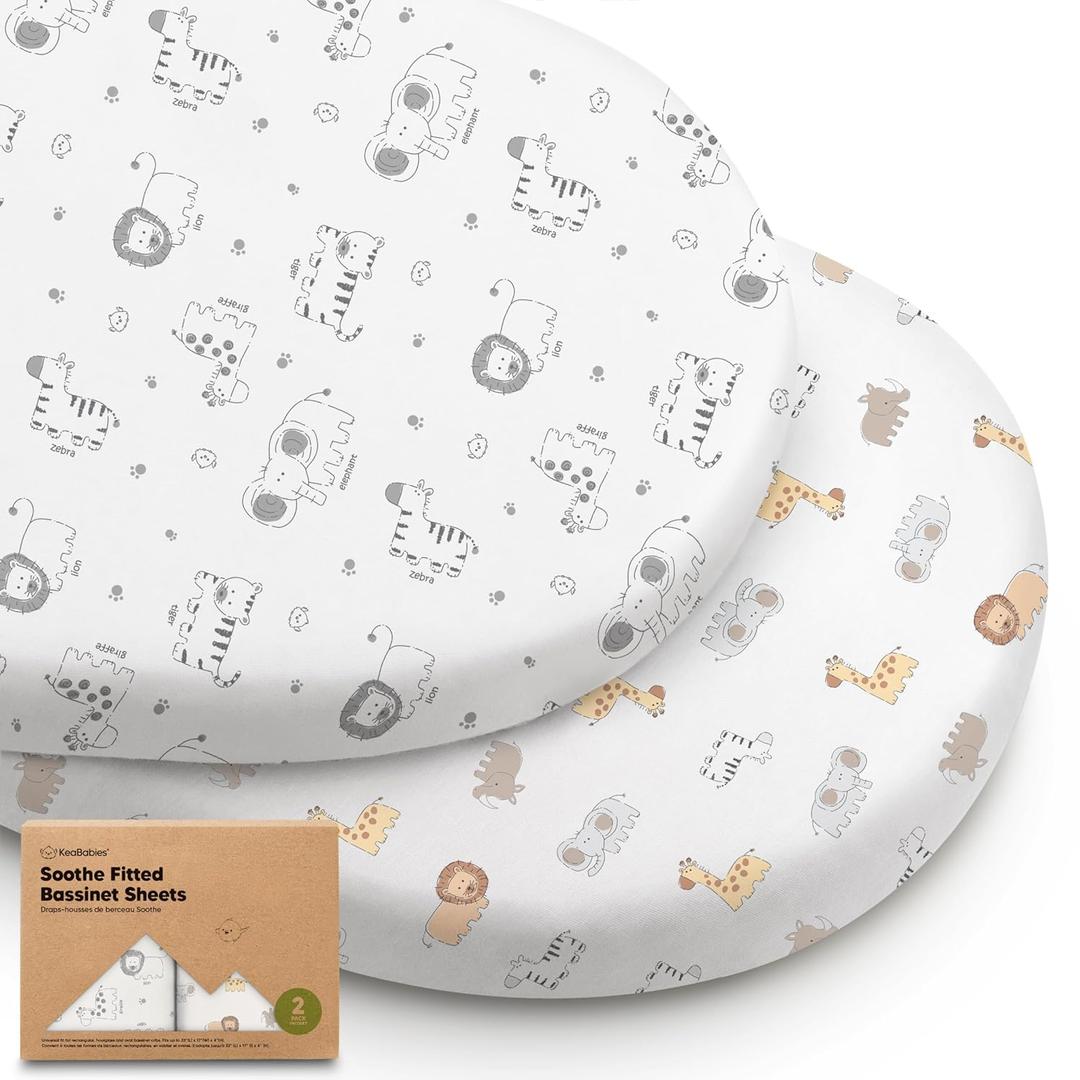 2-Pack Organic Bassinet Sheets for Girls, Boys - 100% Cotton Bassinet Mattress Sheets Compatible with Halo Bassinest Swivel Sleeper, Graco, Baby Delight, Chicco, Fitted Bassinet Sheets (KeaSafari) (Universal Fit 33 x 17)