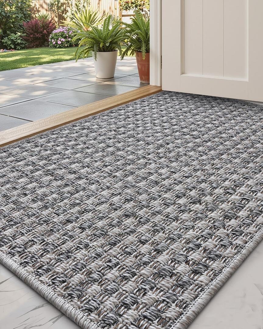 DEXI Dirt Trapper Door Mat, 20x31 Washable Doormat, Dirt Resistant and Absorbent, Easy Clean Low-Profile Floor Rugs for Entryway, Front Door, and Inside Entrance, Checkered Grey