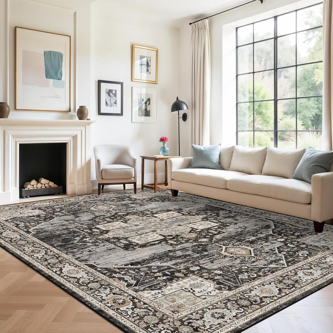 RUUGME 8x12 Washable Area Rug for Living Room,Indoor Large Boho Rugs for Bedroom Non Slip Stain Resistant Carpet for Dining Room/Office/Nursery Soft Home Decor Lightweight Floor Mat 8X12 Black