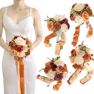 Lookein Set of 4 Bridesmaid Bouquet for Wedding 7 Inch Artificial Flowers Bouquet Wedding Bouquet Bridal Bouquet Tossing Bouquet for Wedding Ceremony Anniversary Bridal Shower, Chic Terracotta