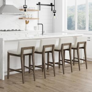 Nathan James Gracie Modern Counter Height Bar Stool with Back, Counter Stool Upholstered Chair with Natural Textured Linen and Brushed Wooden Legs, Cream Boucle/Dark Brown, Set of 4