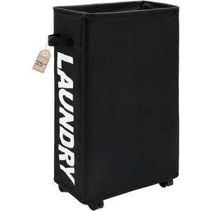 TOTANKI 25" Rolling Slim Laundry Basket on Wheels, Foldable Laundry Hamper with Handle, Collapsible Laundry Sorter and Organizer, Tall Storage Basket Bin (Black)