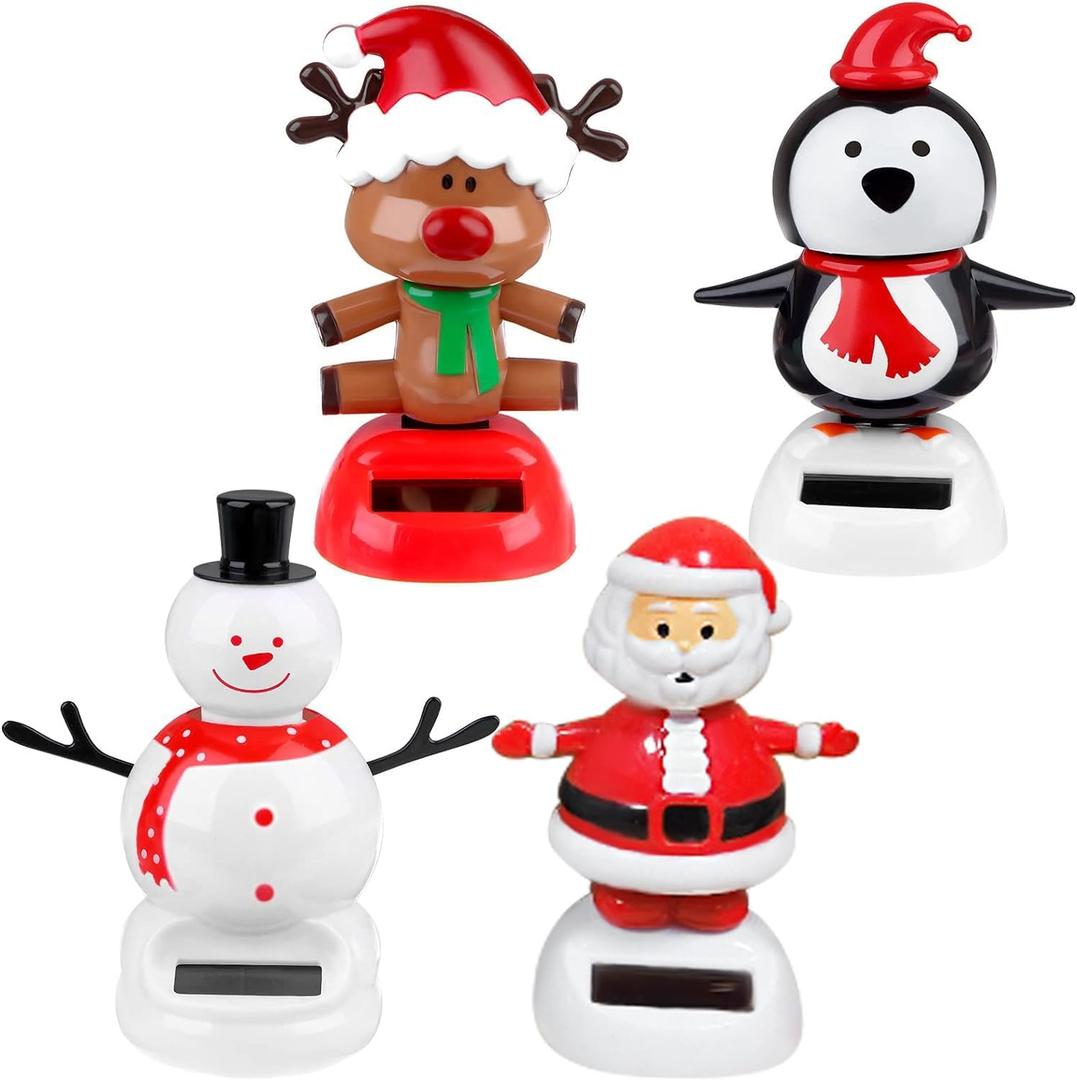 4 Pack Christmas Solar Powered Dancing Toys Car Shaking Head Dancer Doll Elk Santa Snowman Penguin Swing Figurines Car Windowsill Decor Christmas Toys Gift for Car Dashboard Office Home Desk Decor (Type2)