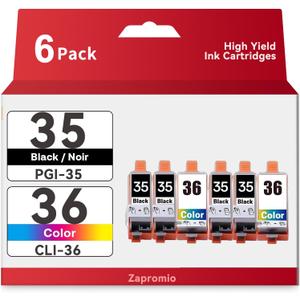 6-Pack PGI-35 CLI-36 Ink Cartridges Compatible for Canon 35 36 Ink Cartridges Combo Pack for PIXMA TR150 IP110 TR152 TR160 mini260 mini320 Printer(4xBlack, 2xTri-Color)
