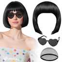 PLULON Black Bob Wig with Heart Sunglasses and Hair Cap, Colorful Short Bob Wigs Synthetic Party Wigs Funny Cosplay Hairpieces for Women Men Neon Bachelorette Halloween Costume Party Decorations