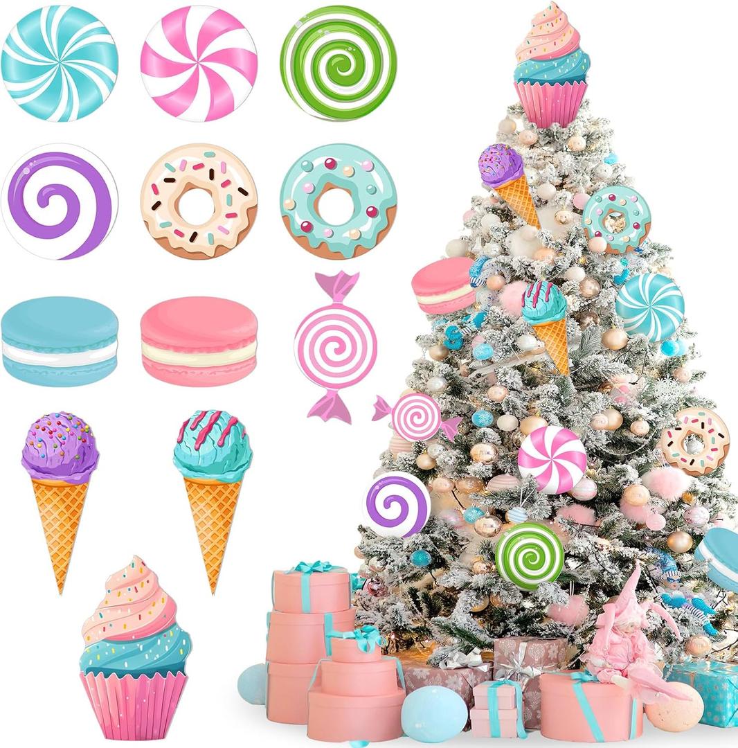 Pinkunn 12 Pcs 8'' Large Pastel Christmas Candy Ornaments Christmas Tree Decorations Candy Lollipop Ice Cream Cake Ornaments for Xmas Tree Topper DIY Indoor Home Office Holiday Vase Gifts Party Decor