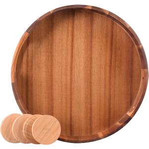 Large Round Wood Serving Tray, Wooden Trays with Handles for Ottoman Table, Vintage Acacia Tray Circle Wood Tray for Indoor Outdoor Organization and Decoration, Including 4 Round Wooden Coasters
