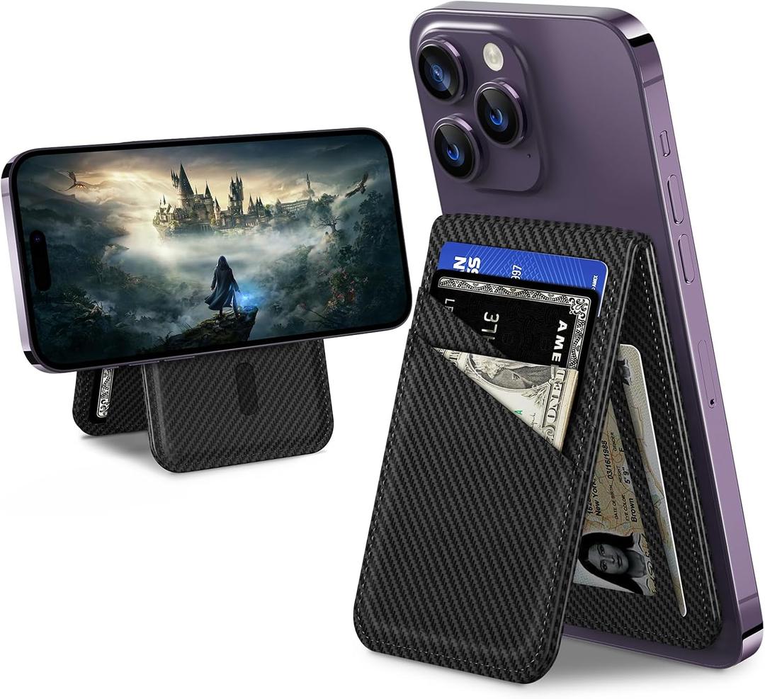 TopMade for MagSafe Wallet Magnetic Card Holder for iPhone 17/16/15/14/13/12 Series, Strongest Magnetic Phone Wallet Stand Adjustable, Slim Leather 5 Cards Holder RFID Blocking, Black Carbon Fiber