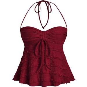 SHENHE Women's Lace Babydoll Tops Halter Neck Flowy Sleeveless Summer Cute Peplum Cami Going Out Tops (Burgundy)