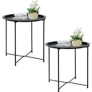 Garden  End Table 2 PCS Metal Side Table Black Round Folding Tray Cyan Sofa Small Accent Foldable Table, Round End Table Tray, Next to Sofa Table, Snack Table for Living Room and Bedroom