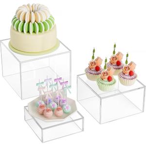 MaxGear 3 Pcs Acrylic Buffet Risers, Food Display Stand for Buffet Table, Dessert Cube Boxes with Hollow Bottoms for Party Food Display, Catering, 6"x7"x8", Clear (Medium)