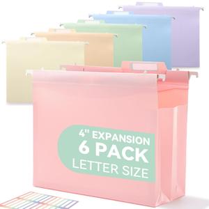 SortRax Plastic High Capacity Hanging File Folders, 4" Expansion for Bulky Documents, Side-Sealed Pocket, Holds Heavy Files, Letter Size, Movable Dividers, Insertable Tabs, 6 Pack, Pastel Colors