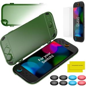 OLCLSS Case for Nintendo Switch 2 (2025) PC Clear Hard Case with 2 x 10H Hardness Tempered Film and 8 Silicone Protective Caps Compatible with Switch 2 Ultra Slim Design Lightweight -Green