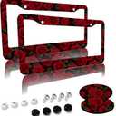 Red Rose Flower License Plate Frames 2 Pack 2 Holes Aluminum License Plate Cover with 2 Pcs Car Coasters and Screw and Black Screw Caps for Girl Women Men Gifts (one size)