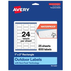 Avery Outdoor Waterproof Rectangle Labels with Sure Feed Technology, 1" x 2", White Film, Print-to-The-Edge, Compatible with Laser Printers, 600 Labels Total