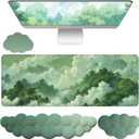 Green Cloud Mouse Pad and Keyboard Wrist Rest 4PCS Extended Forest Mountain Aesthetic Large Desk Mat Pad Set Memory Foam Non-Slip Cute Ergonomic Gaming Mouse Pad Wrist Support for Computer Home Office