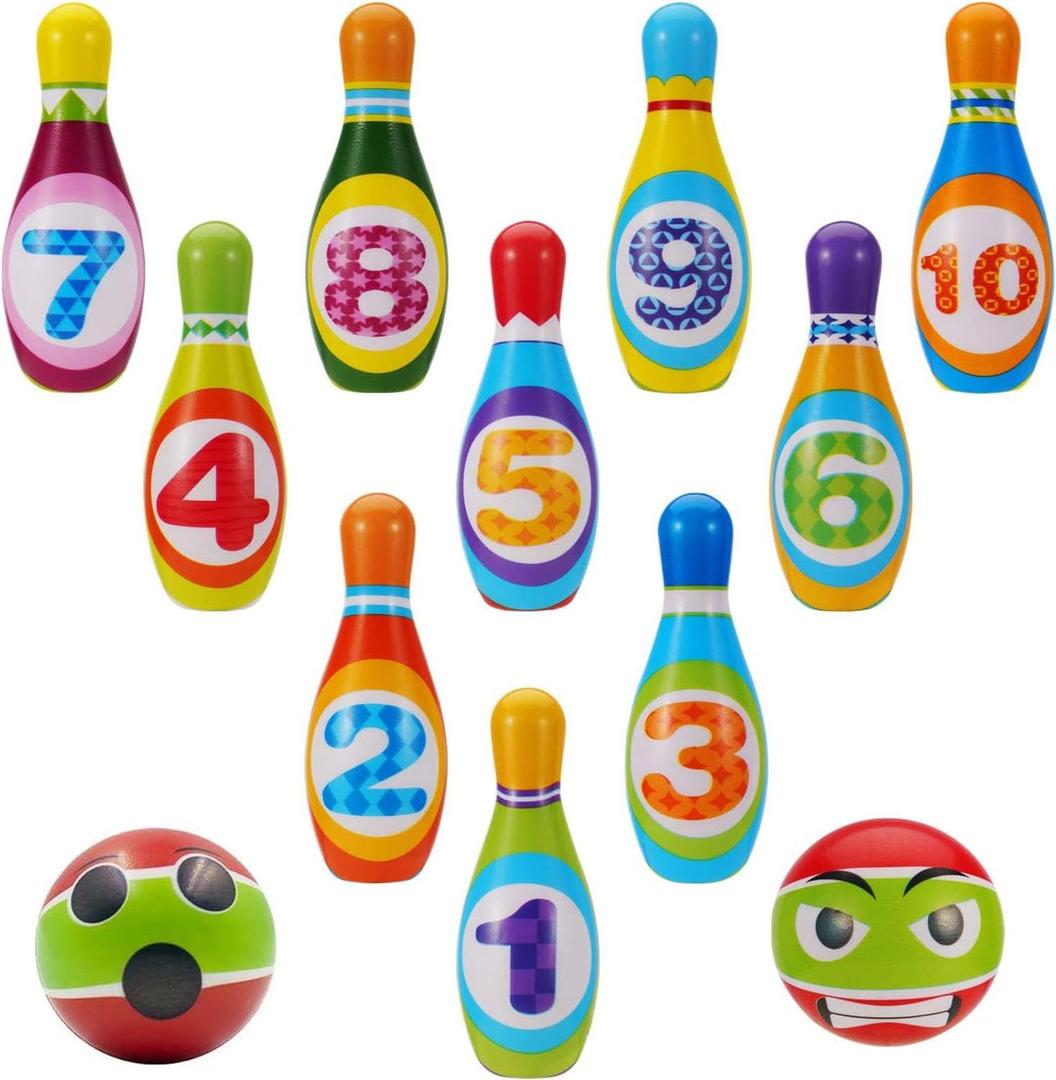Kids Bowling Toys Set, Toddler Indoor Game, Hand-Eye Coordination Activity Center Fine Motor Toy, 10 Foam Bowling Pins and 2 Balls, Educational, Birthday Party Gift for 3 Year Old Children Boy Girl