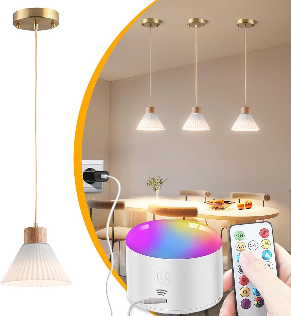 1 Pack Battery Operated Pendant Light, Rechargeable ceiling Light With 10000mAh Detachable Magnetic Bulb, wireless chandelier with remote, RGB Dimmable hanging light fixtures for Kitchen Island Decor (White-7.6inch)