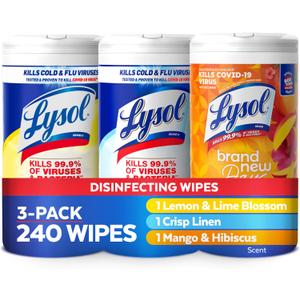 Lysol Disinfectant Wipes Bundle, Dorm Room Essentials, Multi-Surface Cleaning Wipes, For Disinfecting & Cleaning, Lemon & Lime Blossom, Crisp Linen, Mango & Hibiscus, 3x80 ct