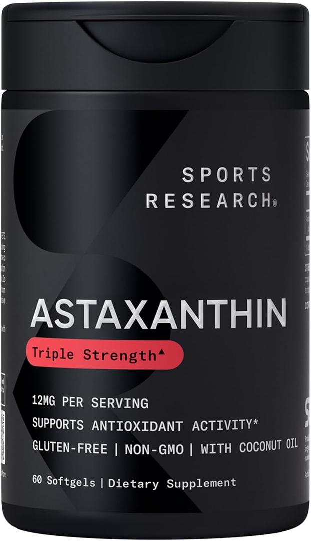 Sports Research Triple Strength Astaxanthin 12mg w/Organic Coconut Oil - Antioxidant Supplement for Skin & Eye Health Support* - Soy Free Non-GMO Gluten Free - 60 Softgels, Best By 02/2029