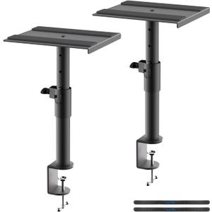 suptek Clamp-on Speaker Stand Desk Mount Set, Height Adjustment, Swivel, 9.6 x 8.8 inch Trays, Universal Audio Holders for Computer and Bookshelf Speakers, Elevated Sound, 2 Pack, Black, SDM001G