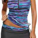luvamia Women's 2 Pieces Print Zip Front Racerback Tankini Set Swimsuits with Skirt (Medium, A1 Purple)