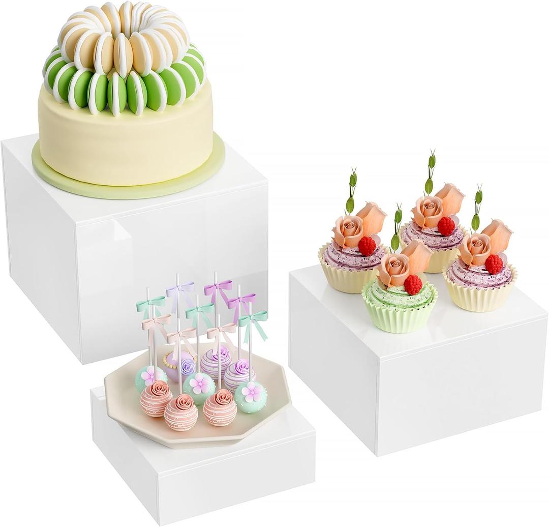 MaxGear 3 Pcs Acrylic Buffet Risers, Food Display Stand for Buffet Table, Dessert Cube Boxes with Hollow Bottoms for Party Food Display, Catering, 6"x7"x8", White (Medium)