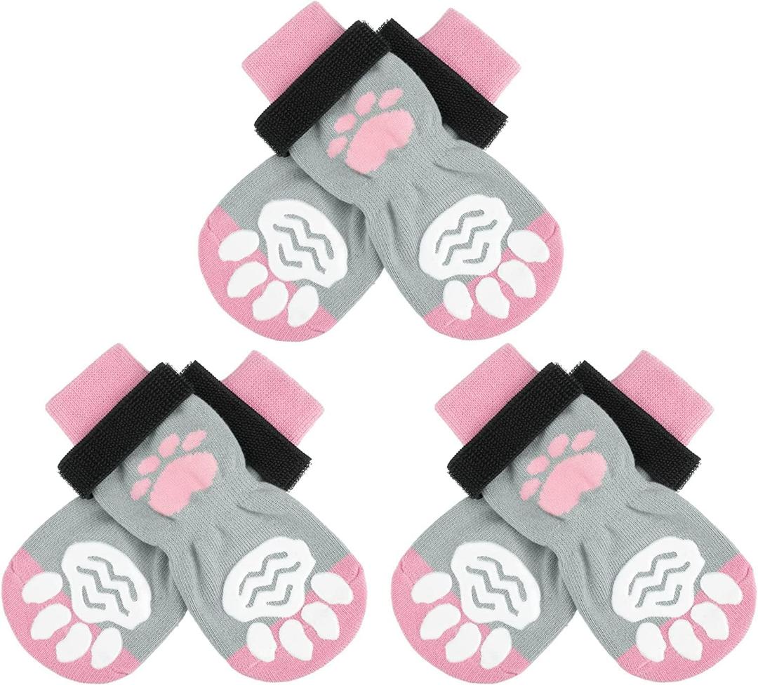 Non Slip Dog Socks with Grippers to Prevent Licking Paws for Hardwood Floors - Anti Slip Shoes 3 Pairs Booties Winter Boots Paw Protectors for Small to Large Senior Dogs Prevent Scratching (S - Paw width 2.15 in, Pink)
