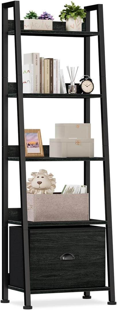 Furologee 5-Tier Ladder Shelf, Narrow Ladder Bookshelf with Drawer, 55.6Tall Industrial Bookcase Storage Rack Organizer, Freestanding Storage Shelve for Living Room, Home Office, Bedroom, Black Oak