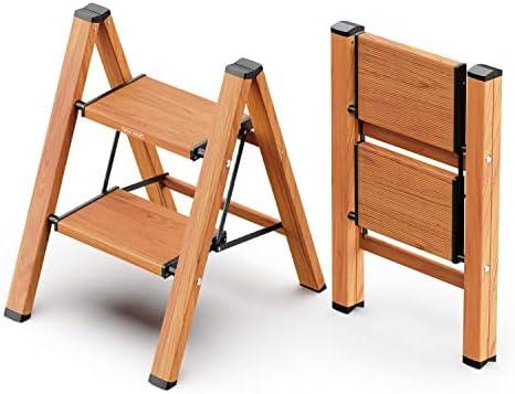 MIDOLI 2 Step Ladder Folding Step Stool with Anti-Slip Sturdy and Wide Pedal, Lightweight 330lbs Portable Aluminum Woodgrain Shelf for Household and Kitchen Space Saving