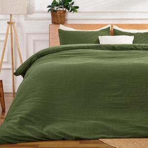 Green Duvet Cover Queen Size, 100% Sandwashed Cotton Soft Queen Duvet Cover Set 3 Pieces with Zipper Clousre & Corner Buttons (Green, Queen 90 x 90)
