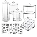 6-Pack Makeup Organizer Acrylic Plastic Containers. Bathroom Beauty Storage Set: 5 Canisters & 107 Printed Labels Organization