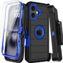 for iPhone 16 Plus Case with Belt Clip Holster,2X Screen Protectors,Heavy Duty Shockproof Drop Protection Military Grade Tri-Layer Rugged Durable Cell Phone Cover with Kickstand 6.7(Black Blue)