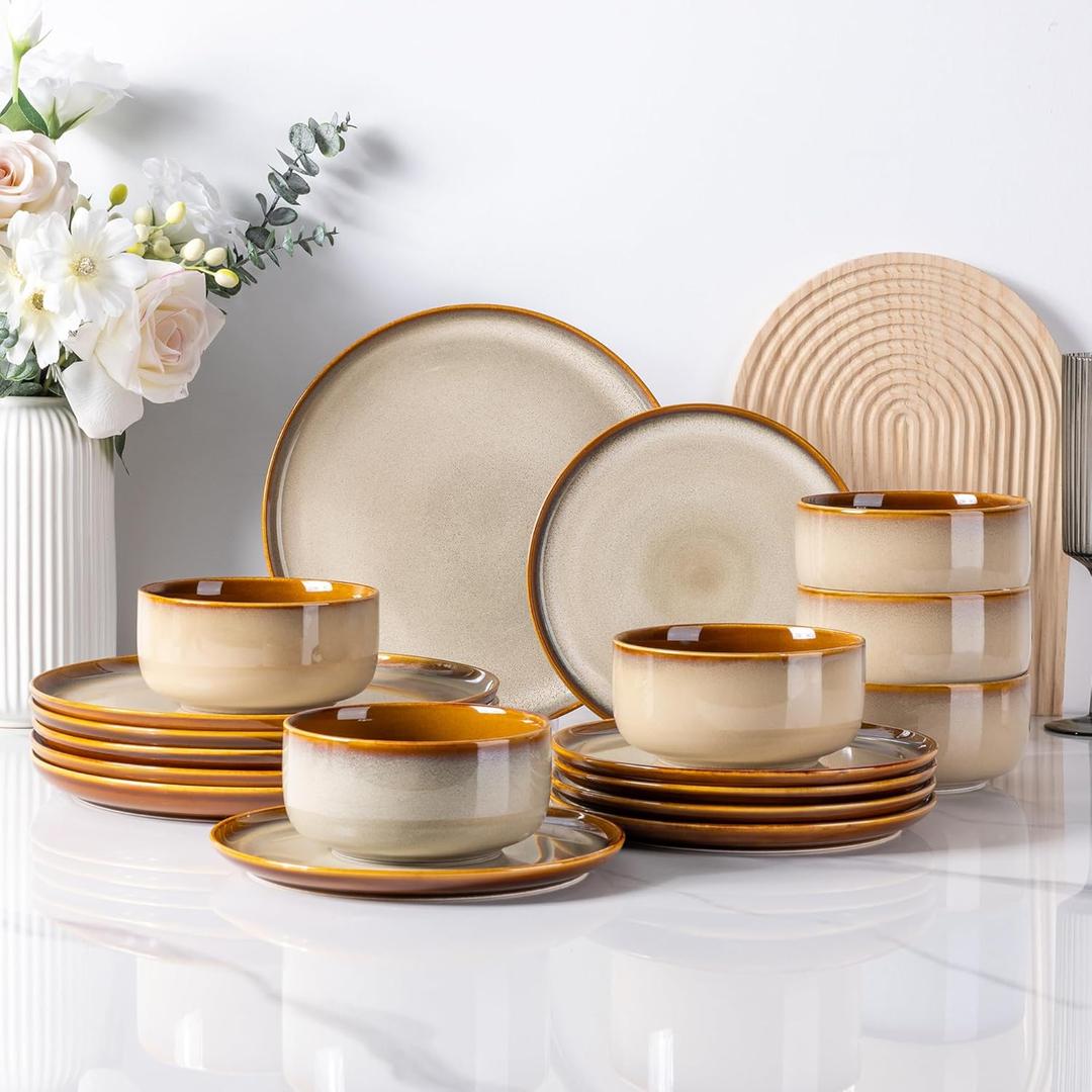 LeRatio Ceramic Dinnerware Sets for 6,Poreclain Plates and Bowls Sets,Handmade Reactive Glaze Dishes Set,Chip Resistant and Scratch Resistant | Oven&Dishwasher & Microwave Safe)-Kahki(18PCS) (Service for 6 (18 Pcs), Modern-Kahki)