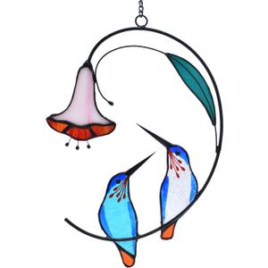 Lolitarcrafts Hummingbird with Flower Stained Glass Suncatcher Bird Stained Glass Window Hangings Hummingbird Gift for Home Decor (Blue 1 Pair)