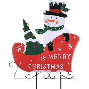 YEAHOME Outdoor Christmas Decorations, Metal Snowman with Sleigh Decorative Garden Stakes for Outdoor Yard, Merry Christmas Signs for Outside Porch Lawn Pathway Xmas Decor (Yhmd-489)