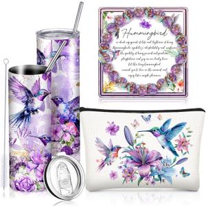 Skylety 3 Pcs Christmas Purple Hummingbird Gift for Women 20 oz Stainless Steel Insulated Tumbler with Straw and Brush Bracelet Makeup Bag Inspirational Gift for Thanksgiving Teacher Birthday