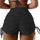 Women's V Cross High Waisted Swim Shorts Ruched Side Tie Boy Shorts Swimsuit Bottoms with Liner (Medium, Black)