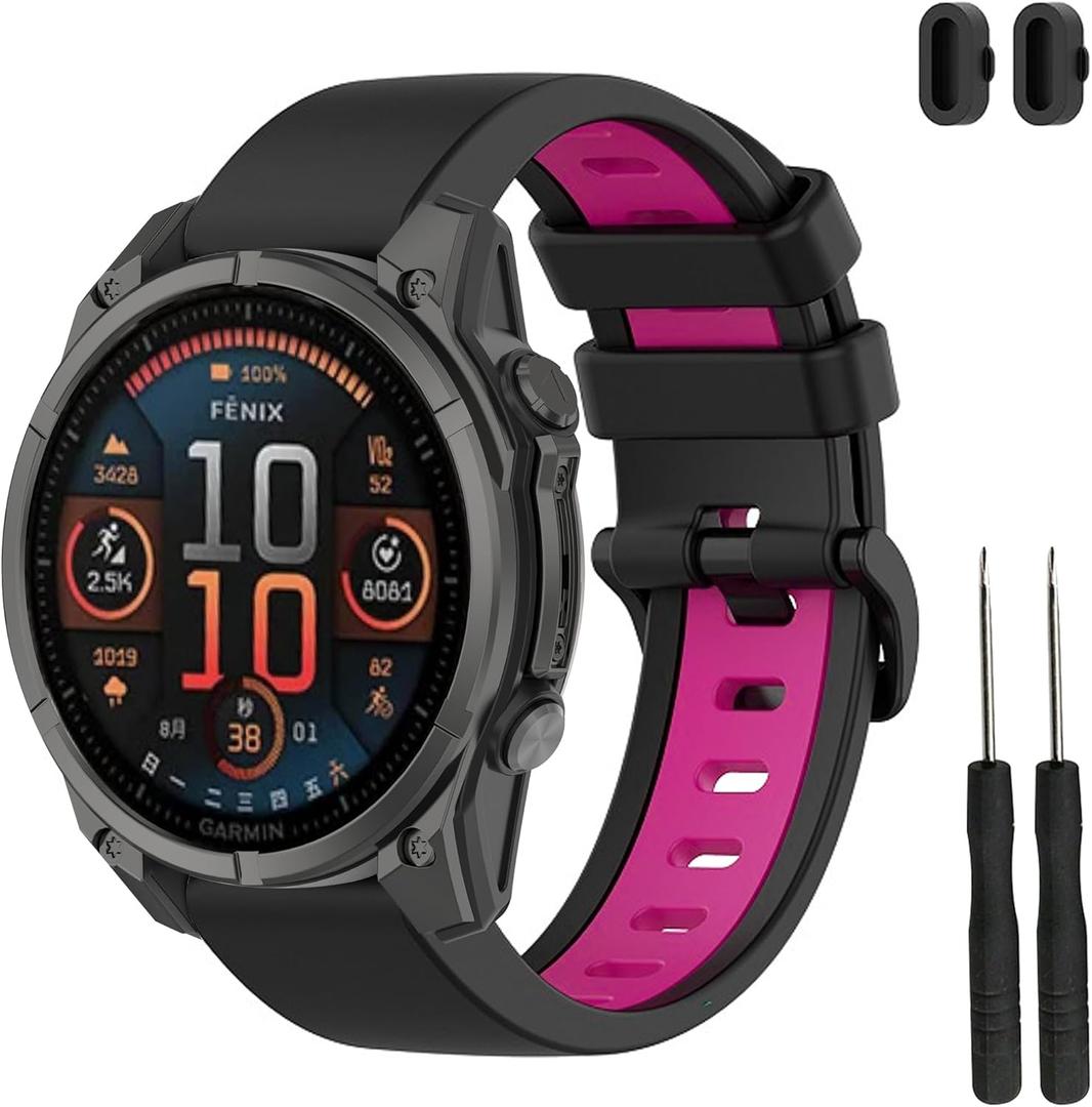 TopPerfekt Band Compatible with Garmin Fenix 8/8 Pro 51/47/43mm, Soft Silicone Replacement Watch Strap Wristband for Instinct 3/Forerunner 965/Tactix 8/ Fenix 7/6/ Descent G2 Smart Watch for Women Men (Black - Magenta)