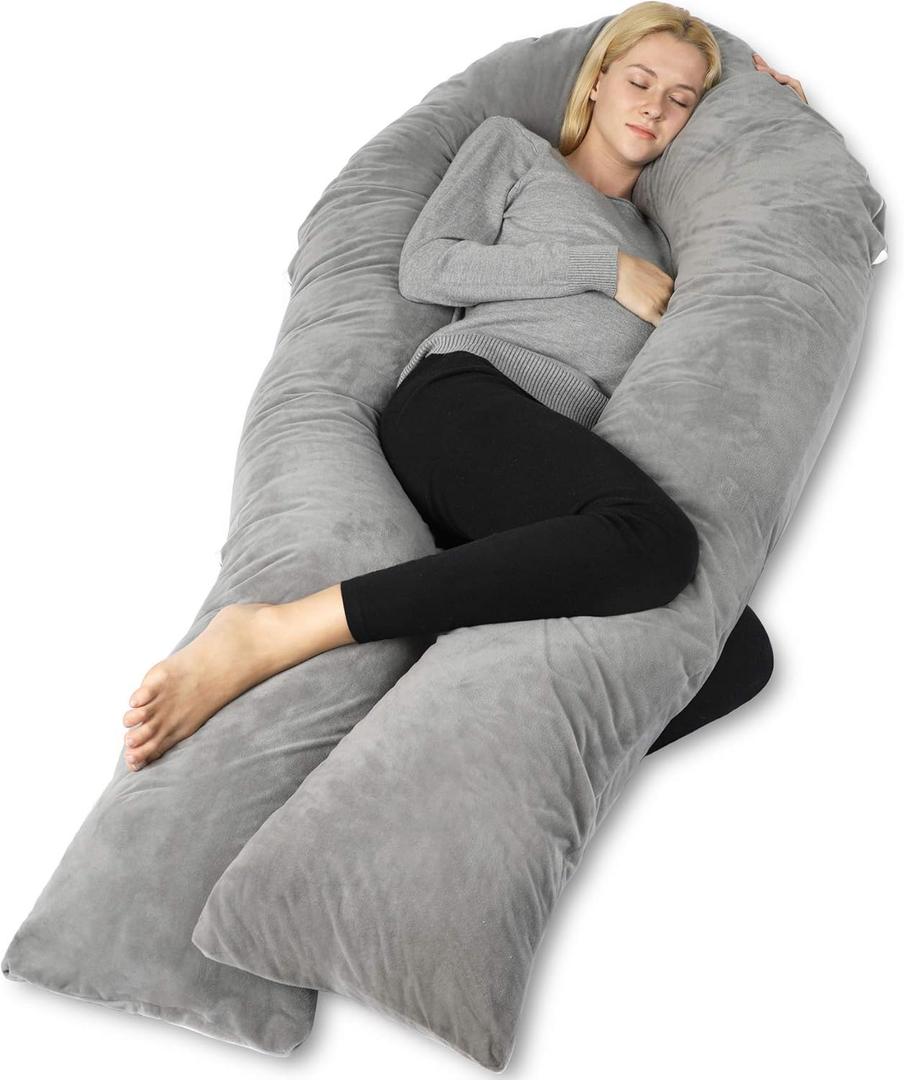 QUEEN ROSE Pregnancy Pillows for Sleeping, U Shaped Body Pillow for Pregnancy, 65 inch Maternity Pillow for Tall Pregnant Women with Gray Velvet Cover, X-Large