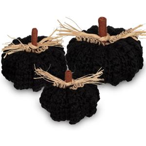 Briful Extra Large Black Yarn Fall Pumpkins, 3 Sizes Handmade Knitted Crocheted Pumpkins, Christmas Farmhouse Decor, Autumn Halloween Home Dcor, Dia.7in/6.3in/5.5in Artificial Pumpkins(3pcs)