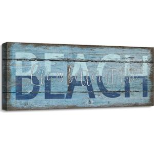 pureluca Blue Beach Sign Inspirational Nautical Quotes Plaques Rustic Coastal Themed Decor 8 x 24 Farmhouse Wall Panel for Shore House Bathroom Bedroom Summer Vacation Tropical Home Dcor (AA25-34-Life at BEACH)