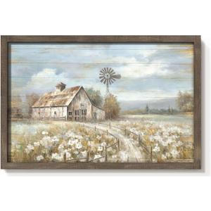 Barn Framed Wall Art Decor: Rustic Farmhouse Wooden Picture Countryside Windmill Meadow Painting Blue Sky and Wild Flowers Prints Artwork for Bedroom Kitchen 36'' x 24''