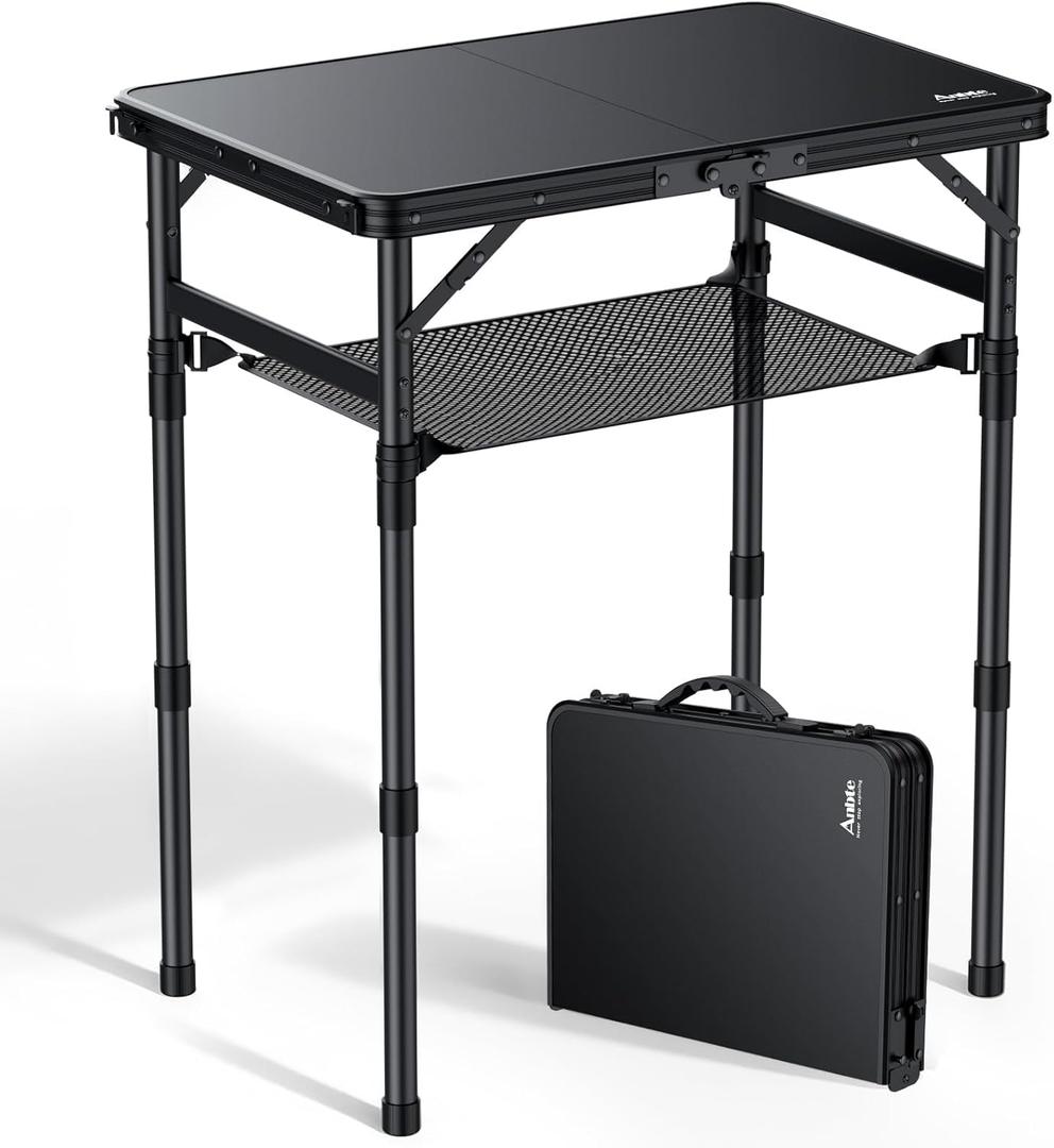 Anbte 2ft Small Folding Camping Table, Waterproof Flat Plastic Tabletop 3 Adjustable Height Portable Camping Table with Storage Net, for Picnic Indoor Outdoor Travel Beach, 22.8" X 15.7", Pure Black
