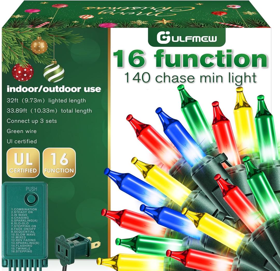 Gulfmew Chasing Christmas Lights, 16 Function Controller,140 Clear Mini Bulbs, Indoor Twinkling Christmas Lights, 34 ft Long Holiday Decor, UL Certified, IP44 Waterproof,Green Wire(Multicolor)